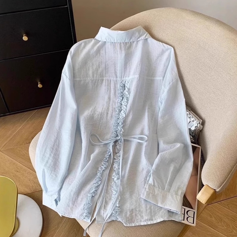 Lightweight Semi-Sheer Back Tie Slit Ruffle Edge Shirt for Petite Women with a Unique Design and Sun Protection Features