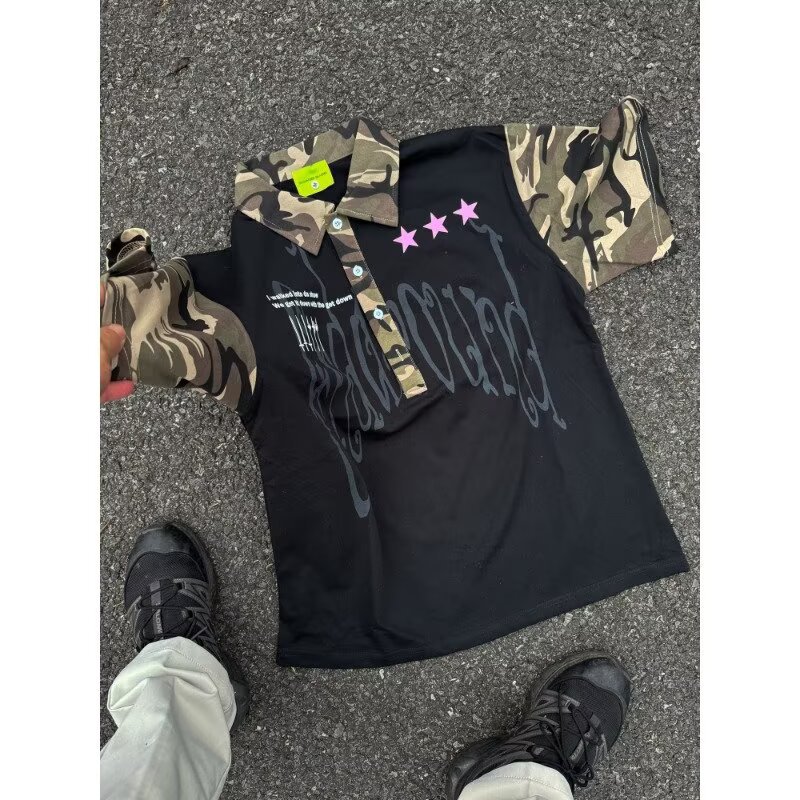 Men's Clothing Men's Hip Hop Camouflage Patchwork Collared Short Sleeve T-Shirt Trendy Streetwear Loose Fit Casual Five Quarter Sleeve For Couples_viptrois.com