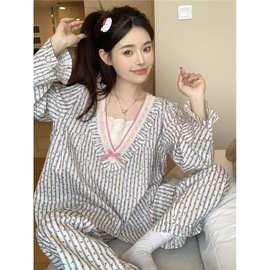 2024韩版甜美宽松简约棉印花V领休闲秋季外穿家居服套装