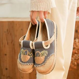 Spring and Summer Women's Cloth Shoes for Pregnant Women, Shallow Mouth, Thick Sole, Soft Tendon Sole Shoes for Work, Linen Ethnic Style Low-Cut Handmade Cloth Shoes