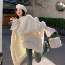 软乎乎毛球球色加厚保暖旅游斗篷披肩外套秋冬新毛衣女开衫披风