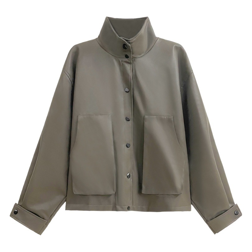 Nueva chaqueta de cuero de PU de la motocicleta de Bolsillo grande para adelgazar suelta Estilo retro de Hong Kong de manga larga collar de pie abrigo corto para mujeres Otoño e Invierno