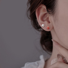 国潮红色锆石耳环立体魔方几何方块耳骨钉精致感小圆球孔明锁耳钉