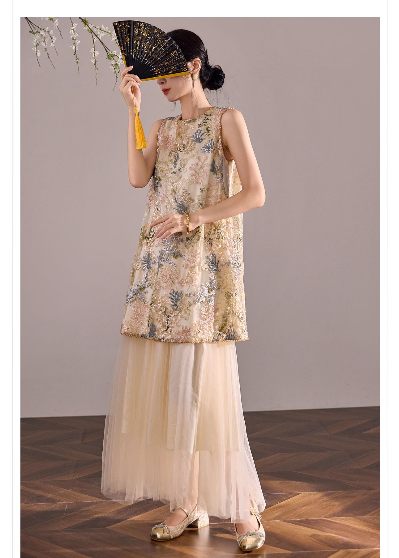 Đầm suông nữ midi tân cổ điển không tay, thêu đính cườm sequin, form chữ A — màu mơ chi tiết 10