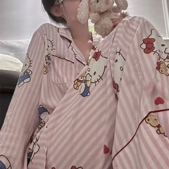 甜美条纹Kitty猫睡衣女春秋季长袖长裤套装学生宿舍 可外穿家居服