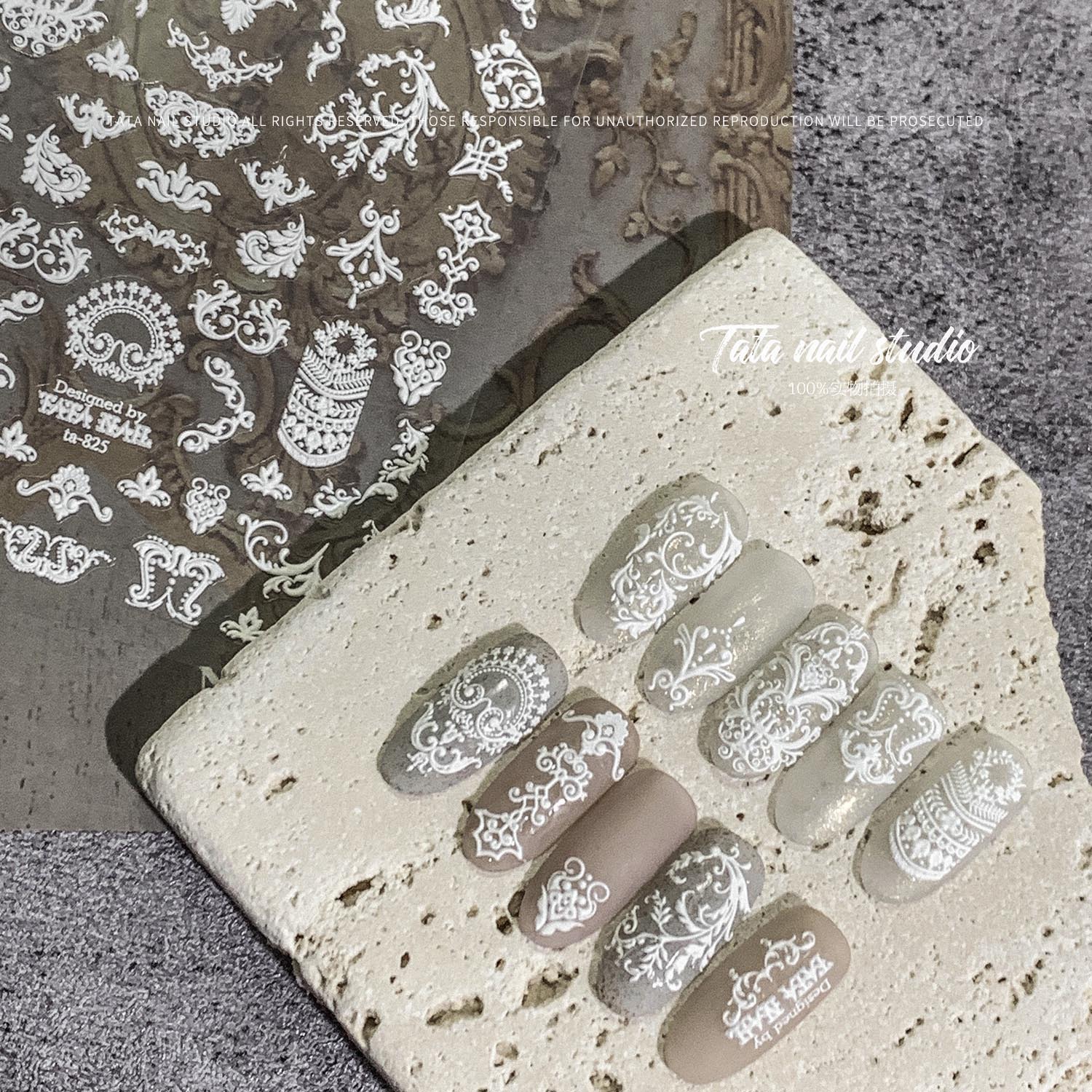 Etiqueta de uñas papel neto rojo popular decorativo pequeño patrón barroco tridimensional blanco en relieve encaje de yeso ultra-Delgado clavo