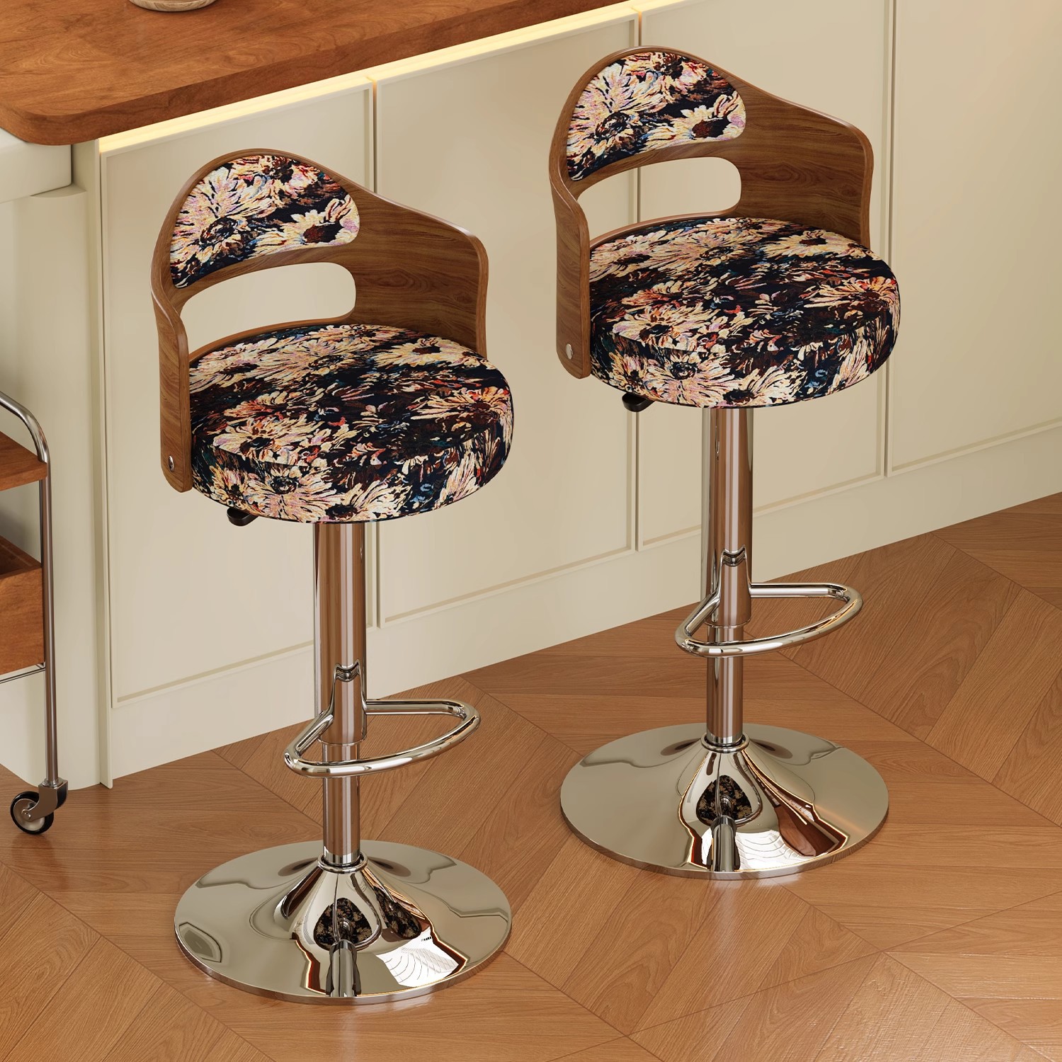 Home Retro Style High Chair Bar Chair Liftable Rotating Stool Sitting Height Kitchen Island Solid Wood Bar Stool