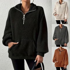 アマゾンの新商品2025欧米の越境カジュアル秋冬の毛のファスナーの女性の立襟のポケットの服の婦人服