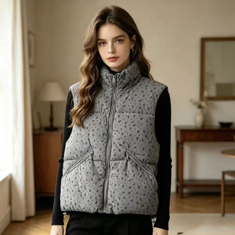 Korean Retro Corduroy Small Floral Cotton Vest for Women 2026 Winter Stand Collar Loose Thickened Layered Sleeveless Jacket