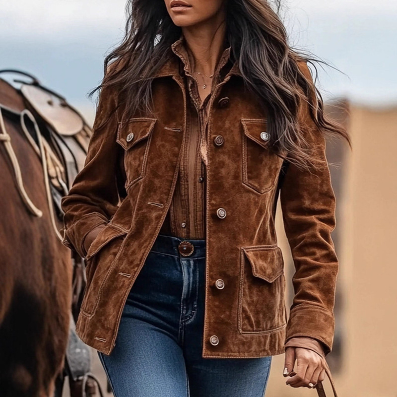 2025 Cross-Border European Size Women's Retro Suede Multi-Pocket Lapel Shirt Brown Short Jacket
