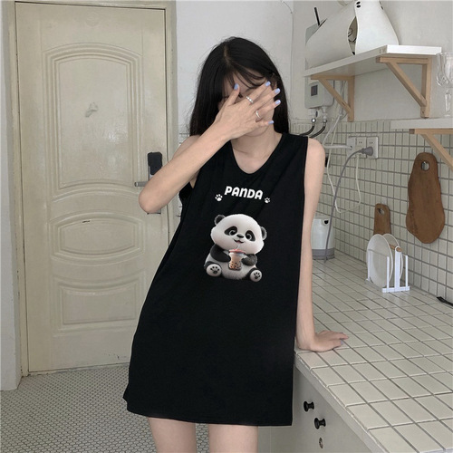 Women's Summer Pajama Set with Sleeveless Tank Top, Loose Cartoon T-shirt, Sweet Sleep Dress with Straps, Home Wear for Students