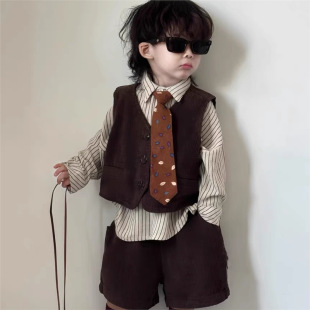2025 New Arrival suit Autumn Children's Vintage Corduroy Vest Boy's British Style Striped Shirt Set Trendy