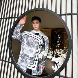 国风水墨画盘扣系带长袖衬衫立领仙气复古中式上衣A452-6392--595