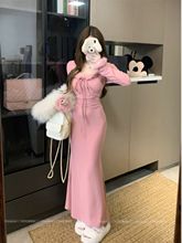 韩版气质绝美磨毛针织鱼尾连衣裙女冬季毛毛拼接收腰包臀内搭长裙