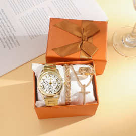 新品外贸跨境男女士钢带手表手链戒指十字架项链炫酷套装礼盒装