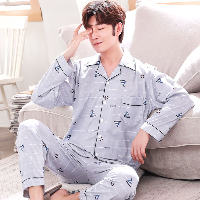 Pijamas de hombre primavera y otoño 100% algodón pantalones de manga larga cardigan verde de mediana edad ropa de hogar traje de invierno para los ancianos