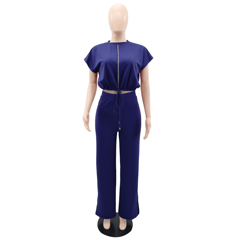 Summer Drawstring Short Top High Waist Slit Women Trousers Two Piece Suit 13 Summer Drawstring Short Top High Waist Slit Women Trousers Two Piece Suit