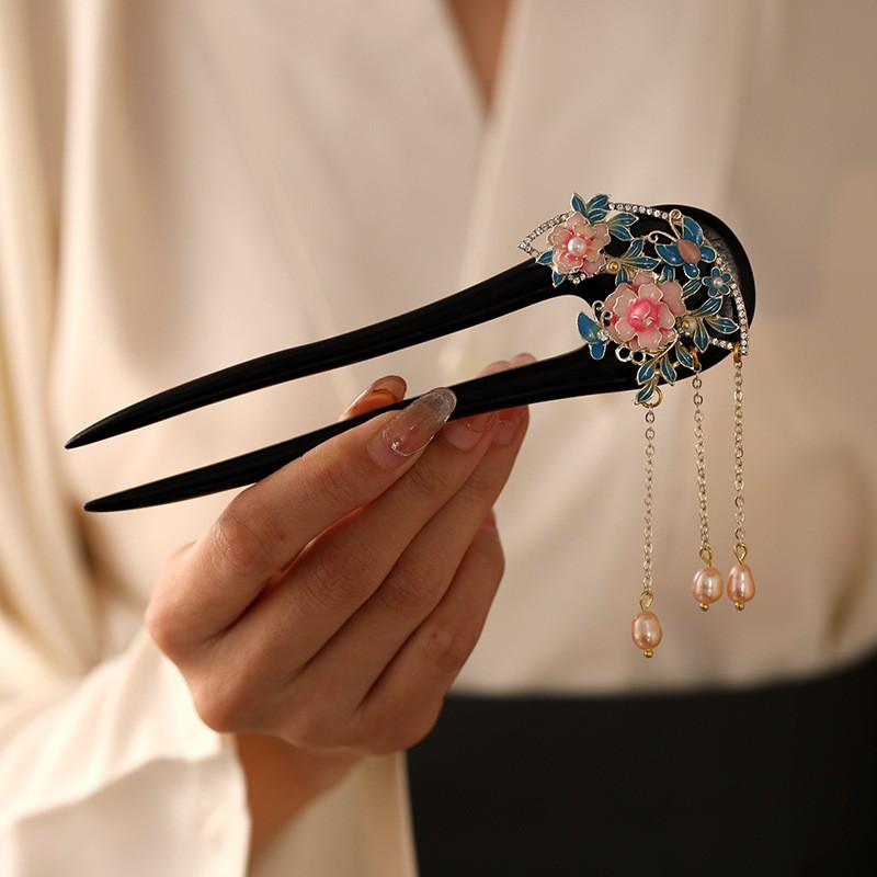 U자형 백단비녀 [활짝 핀 모란]