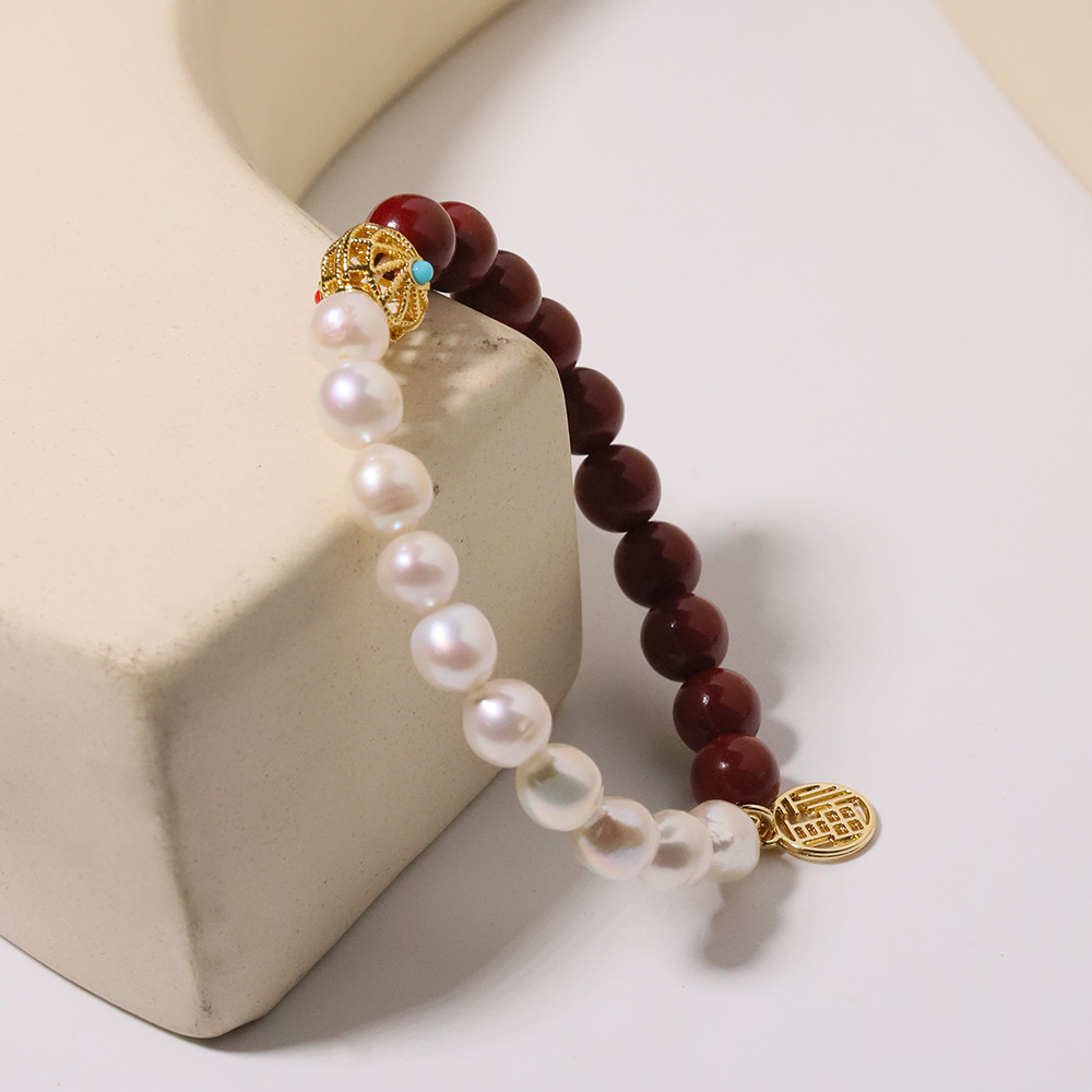 Retro auténtico cintabrio Jintao azul Fu mano de perlas de agua dulce natural temperamento de pulsera multifacé para la esposa de la novia