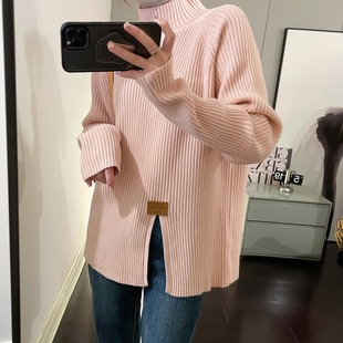 2024 Autumn and Winter Half High Neck Soft Waxy Sweater Women's New Design Sense Split Versatile Knitted Base Shirt Top for Outer Wear