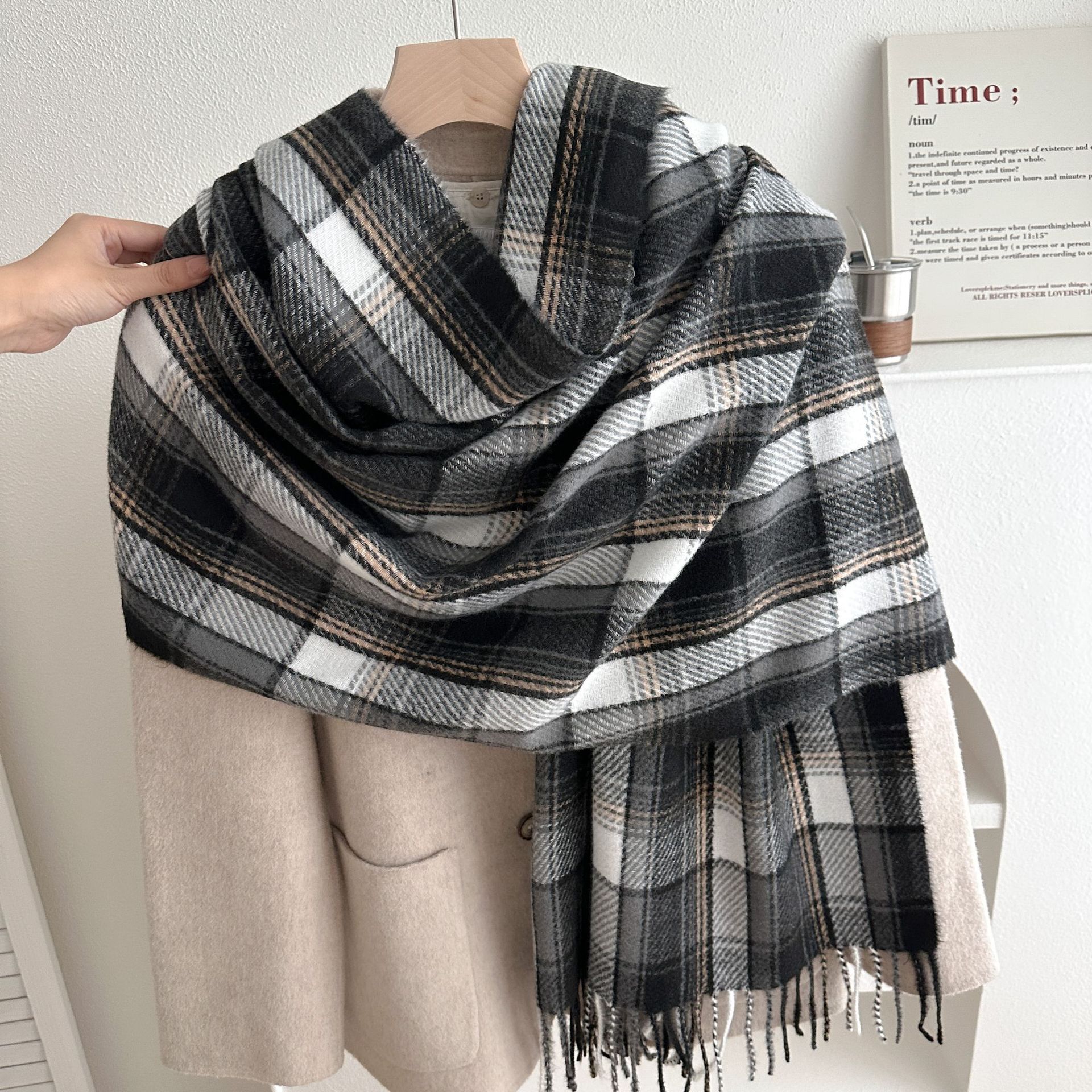 Bufanda de Cuadros Rosa con Flecos de Imitación Cachemira Térmica para Invierno