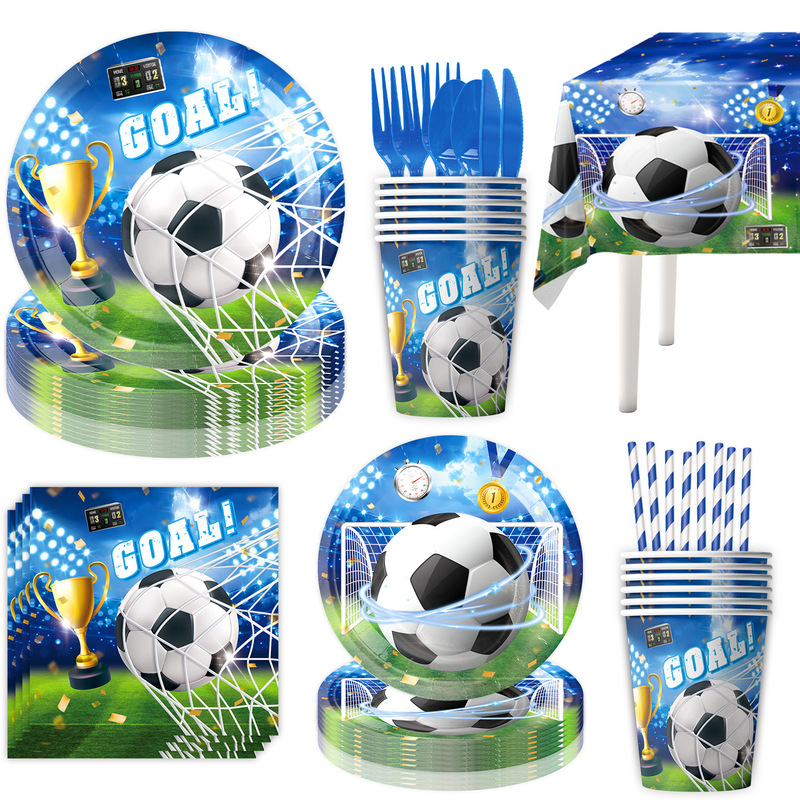 新しいブルーサッカーテーマワールドカップスポーツ競技食器使い捨て紙コップペーパータオルフラグテーブルクロス装飾|undefined
