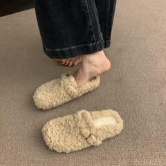 秋冬季新款保暖加绒羊羔毛毛鞋女时尚外穿厚底包头勃肯鞋半拖鞋