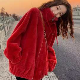 2024冬季新款韩系宽松慵懒风仿羊剪绒皮毛一体红色外套女加厚大衣