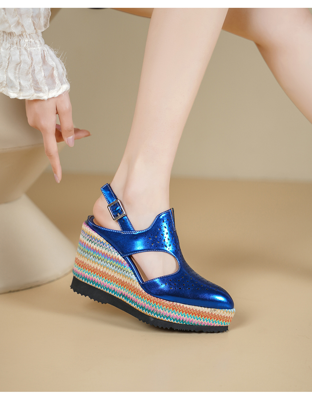 Sandal cao gót nữ mũi kín đế xuồng 10 cm phong cách La Mã — xanh lam, màu mơ chi tiết 5