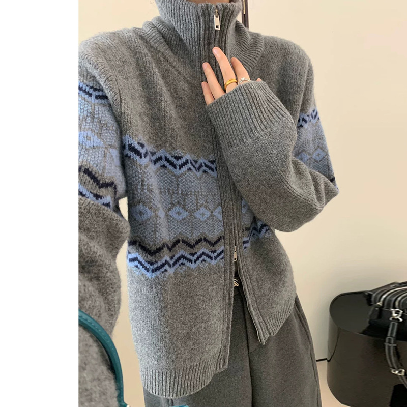 秋冬季女士100%纯羊毛衫费尔岛针织拉链开衫高领几何图案外套上衣