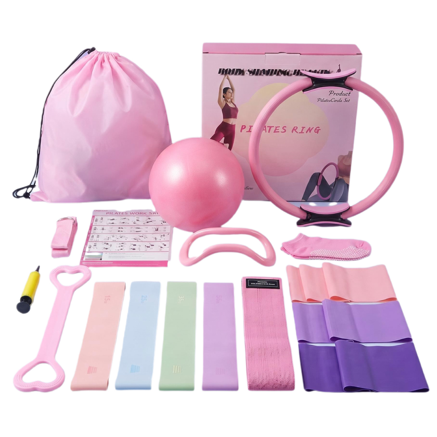 Pilates Yoga Set 16-piece Deluxe Package: Sakura Pink (Color Box)