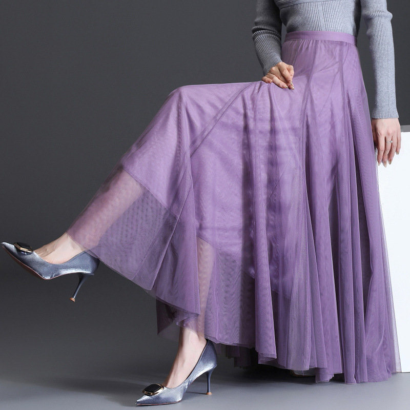 12 Pieces of New Style Mesh Skirts for Women, Mid-Length, High-Waisted, Pleated, Large Hem, Drapey Mesh Skirt, Slimming Skirt