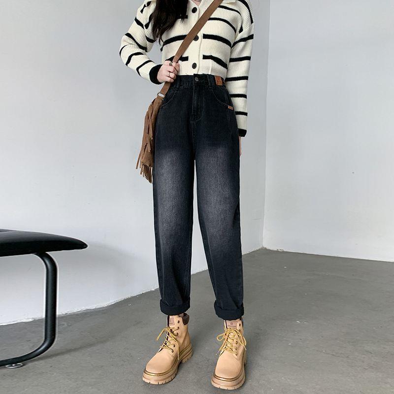 黑灰色哈伦牛仔裤女2025年秋秋高腰显瘦宽松大码阔腿萝卜老爹裤潮|undefined