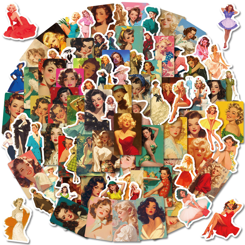 Temu100 Pieces of 7080 European and American Trendy Fashion Cutting-Edge Female Character Graffiti Stickers DIY Decorative Luggage Stickers