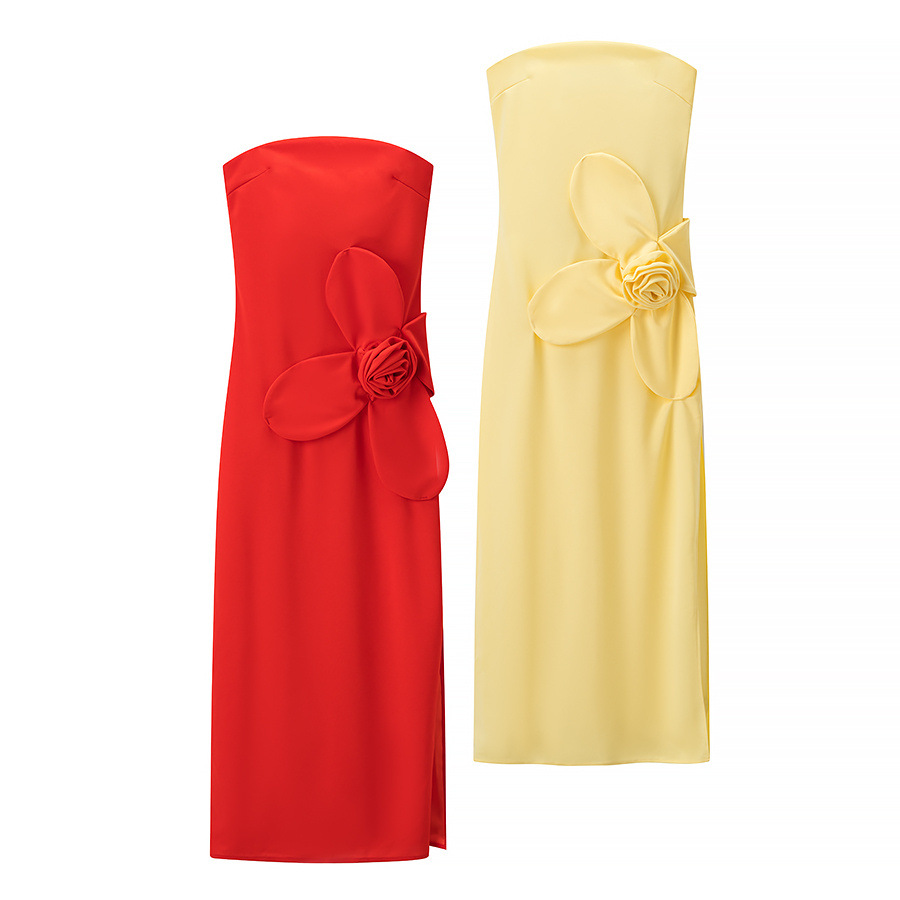 Pb&Za Women's 2025 Autumn New Sexy Three-Dimensional Flower Strapless Slit Dress Long Dress