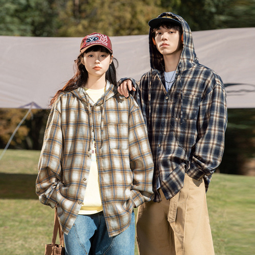American Check Collar Shirt for Men 2025 Spring and Summer Couple Retro Long Sleeve Shirt with Contrasting Color Hooded Drawstring Design Outerwear