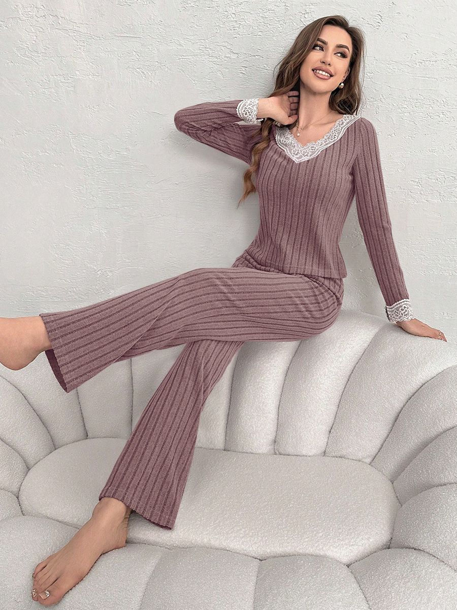 Pijama de Encaje con Cuello en V para Mujer Set de 2 piezas de poliéster, transpirable, cálido, para el hogar y exteriores