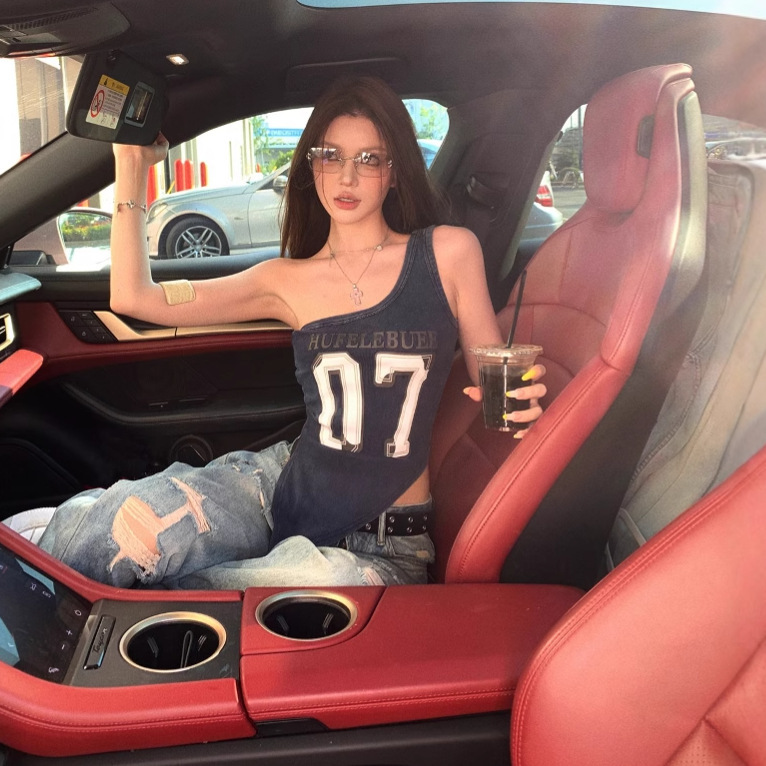 リアルショット！アメリカンレトロホットガールオフショルダーベストトップ女性用ハイストリートリップドジーンズルーズワイドレッグフロアレングスパンツ|undefined