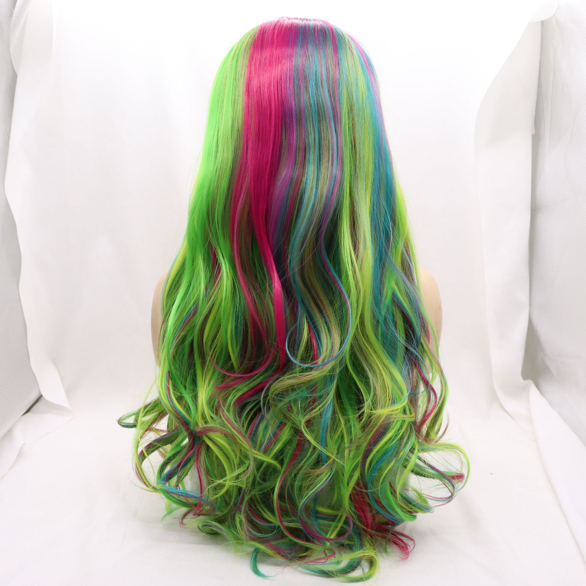 NEW LOOK frente encaje fibra química cubierta de cabeza gran cantidad de stock T color arco iris colorido cabello rizado largo de alta temperatura peluca de seda