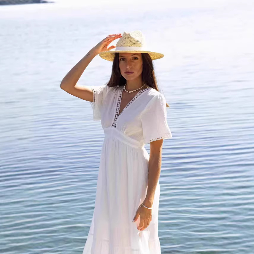 ng2510292 Strandkleid im Urlaubsstil für Damen, V-Ausschnitt, Kurzarm, Schlitz, langes Kleid, atemberaubende Midi-Länge_voghion.com