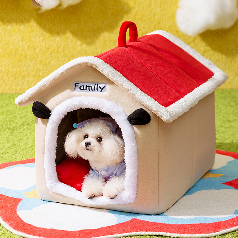 Colores contrastantes, lápiz de empalme blanco pequeño techo rojo casa nido pequeño perro gato otoño invierno cálido perro nido gato doméstico artículos de mascotas image 1