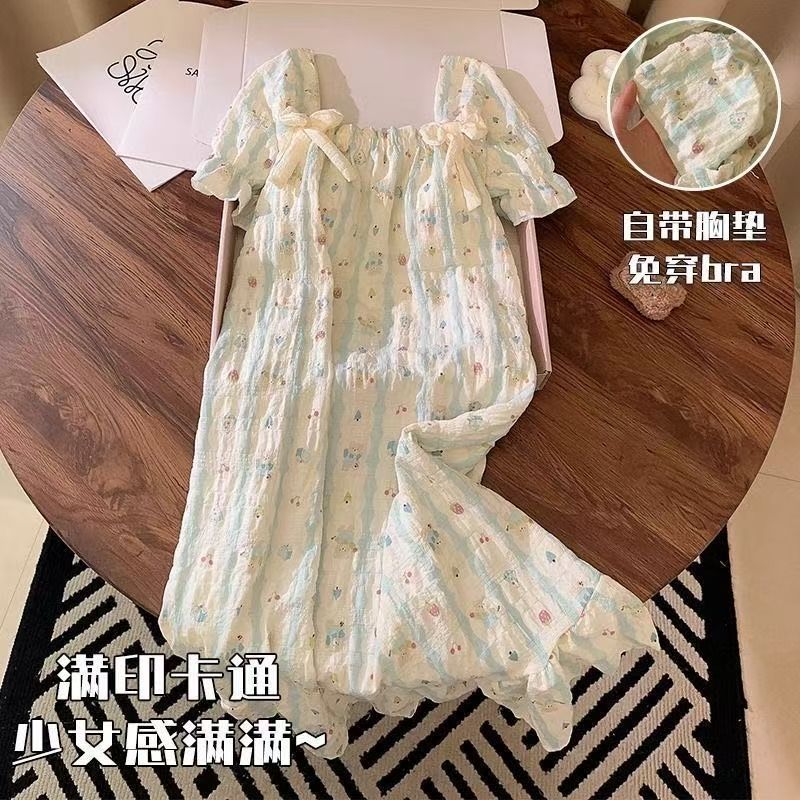 2025 verano pijama de mangas cortas mujeres cojín de pecho nubes pijama de algodón dibujos animados pequeños vestidos de chicas frescas ropa para el hogar