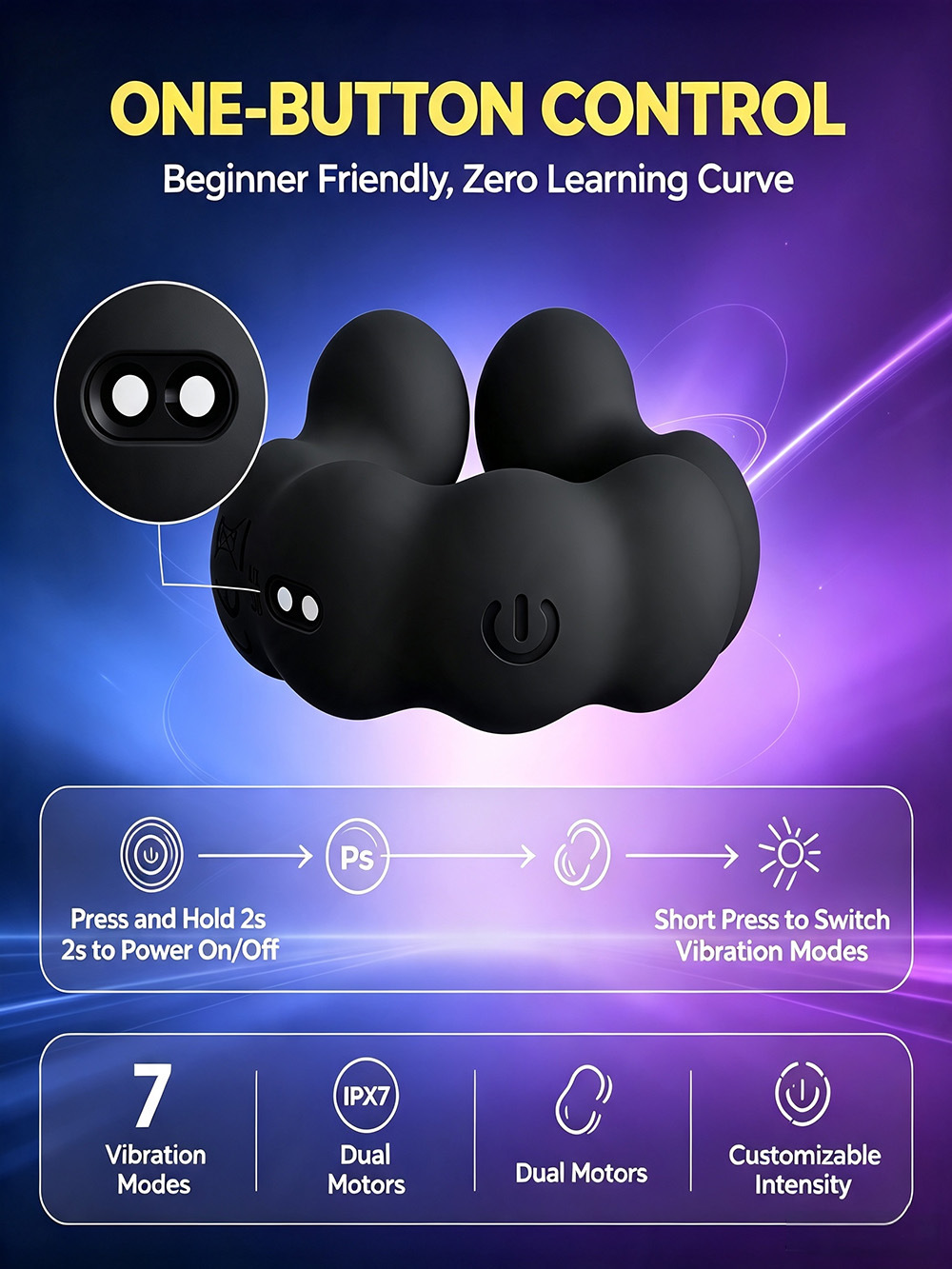 Rechargeable Vibrating Cock Ring, Dual-Use Couples Ring, Liquid Silicone, Black — detail image 3