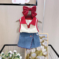 Girls suit, stylish and stylish summer new style, thin sleeveless top, denim shorts and skirt, two-piece trendy set
