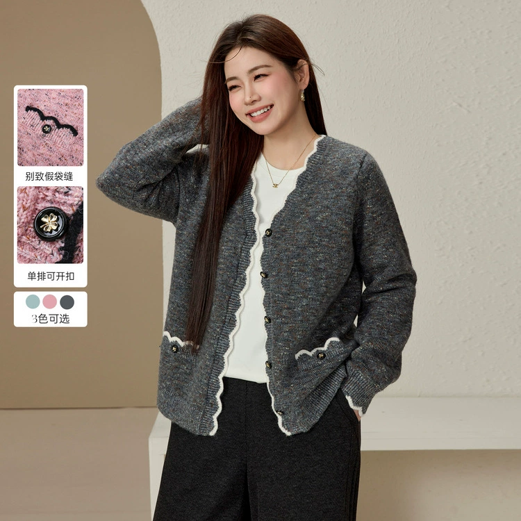 [Мягкий шерстяной фэнтезийный цветочный вуаль мягкий клейкий свитер кардиган] Цветное шоу большой размер женский толстый mm2024 зимний новый