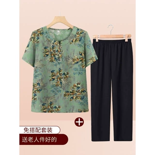 妈妈夏季套装洋气中国风小衫老年人夏装女奶奶T恤老太太婆婆衣服
