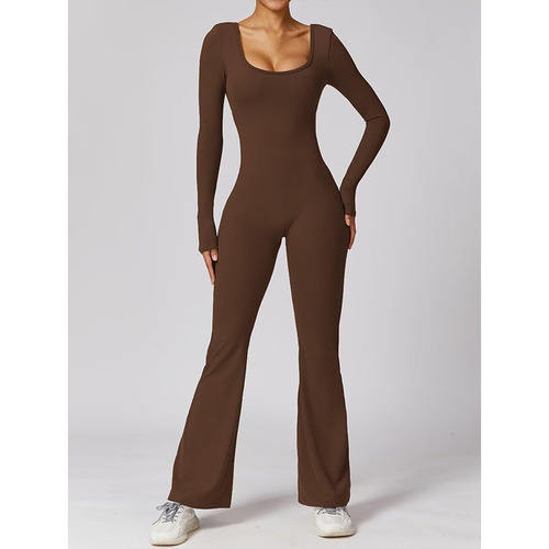 Women's Cross-Border European and American 2025 Autumn New Solid Color Tapered Hip Bodysuit with Long Sleeve Backless Sports Yoga Wear