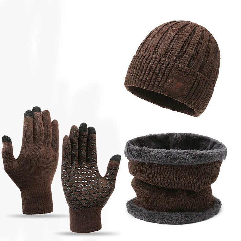 Knitted hat and neck warmer set unisex, 3‑piece with gloves, fleece‑lined, warm winter