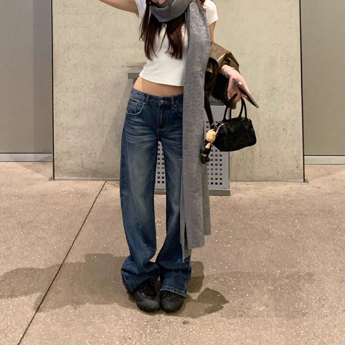 Sunoneoe American Retro Washed Low-Waist Jeans for Women Early Autumn Loose Straight Casual Pants for Small People