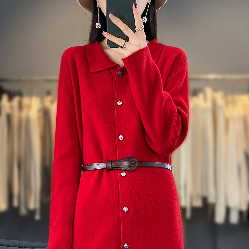 2023 autumn and winter new mid-length 100 pure wool knitted cardigan women's POLO collar loose coat sweater top
